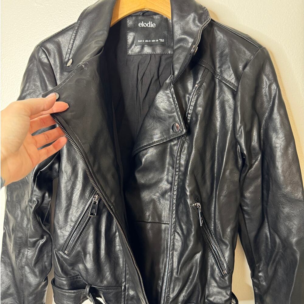 Elodie Black Faux Leather Full Zip Belted Moto Jacket Rocker Motorcycle Small - Picture 5 of 9